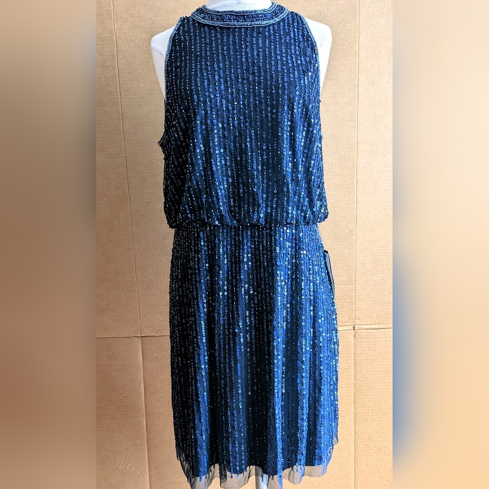 ADRIANNA PAPELL BEADED BLOUSON HALTER DRESS Size 12